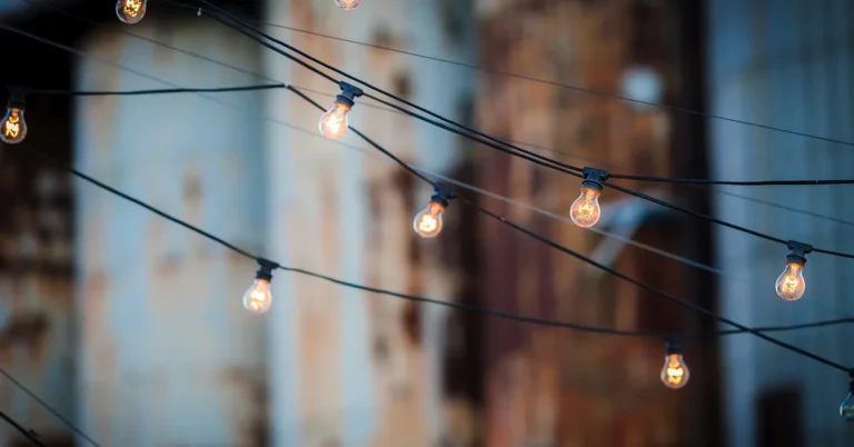string of glowing light bulbs on a wire, decorative outdoor lighting