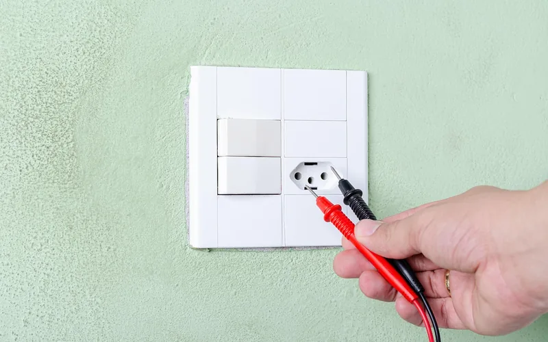 hand using multimeter test leads to check voltage at a wall outlet