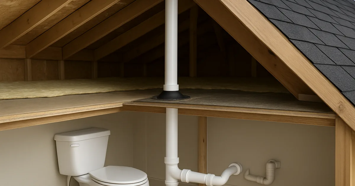white PVC toilet vent pipe running through the attic and out the roof