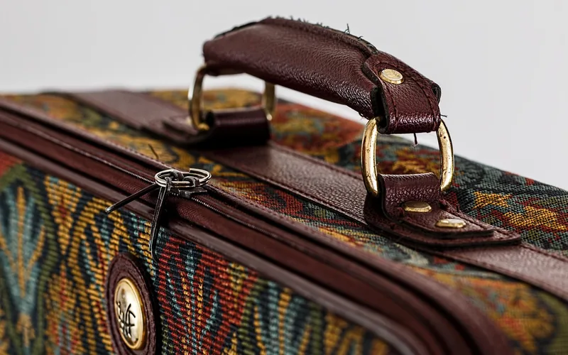 packed travel suitcase, the kind of bag a portable door lock or travel door alarm gets tucked into