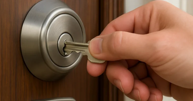 Inserting a key into a modern brushed-nickel deadbolt lock on a front door