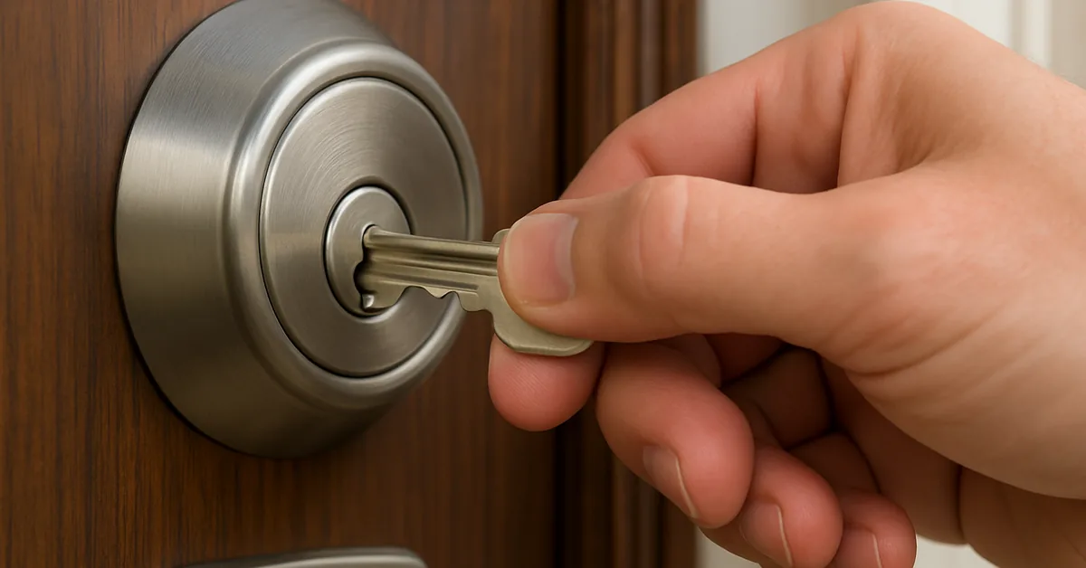 Inserting a key into a modern brushed-nickel deadbolt lock on a front door