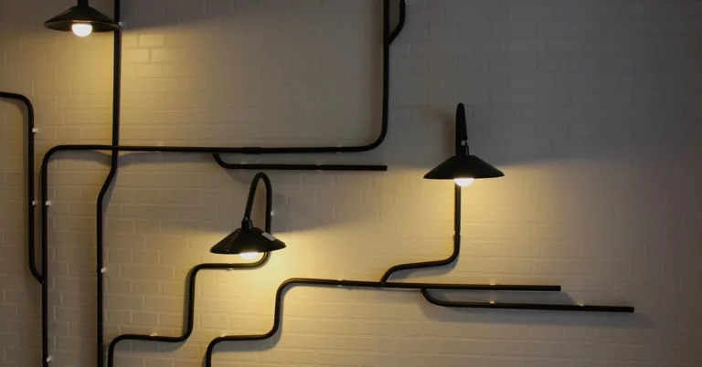 black wall-mounted light fixtures casting a warm glow across a brick wall