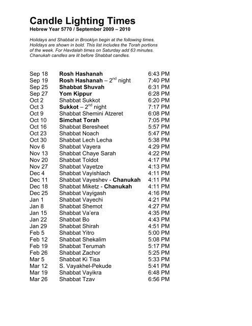 What Time is Candle Lighting in Brooklyn