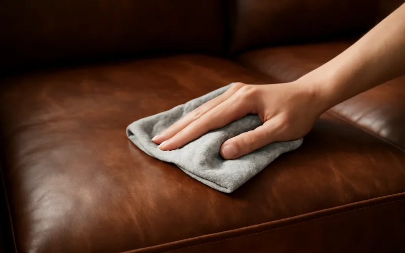 hand wiping down a brown leather sofa cushion with a soft microfiber cloth