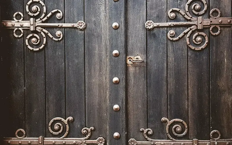 Close-up of a hinge fitted flush into a wooden door