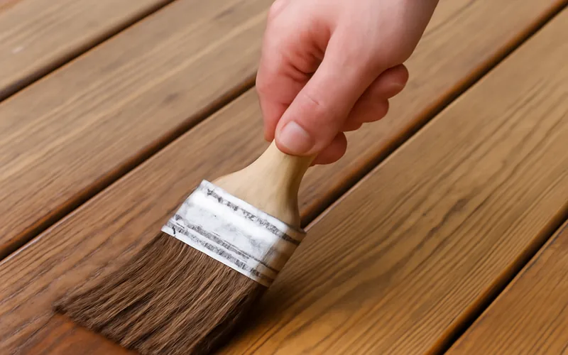 hand using a paintbrush to apply semi-solid brown stain onto a deck board