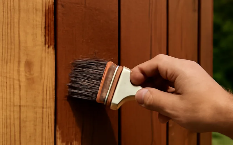 hand applying opaque solid brown stain with a brush onto a wood fence panel