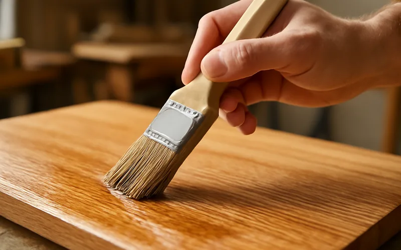 Hand brushing clear polyurethane finish onto a wood board