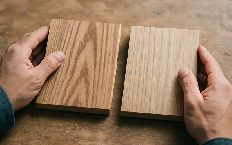 hands comparing two wood samples with different grain patterns side by side