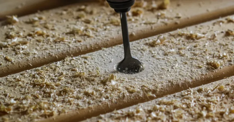 Boring bit drilling a clean hole through a wood plank, curled sawdust shavings around the entry point