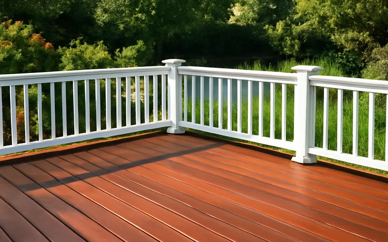 finished backyard deck with white railing freshly coated in solid brown stain