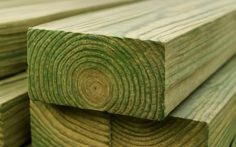 Green preservative tint in pressure-treated lumber end grain close-up of green-tinted preservative visible in the cut end grain of pressure-treated pine lumber