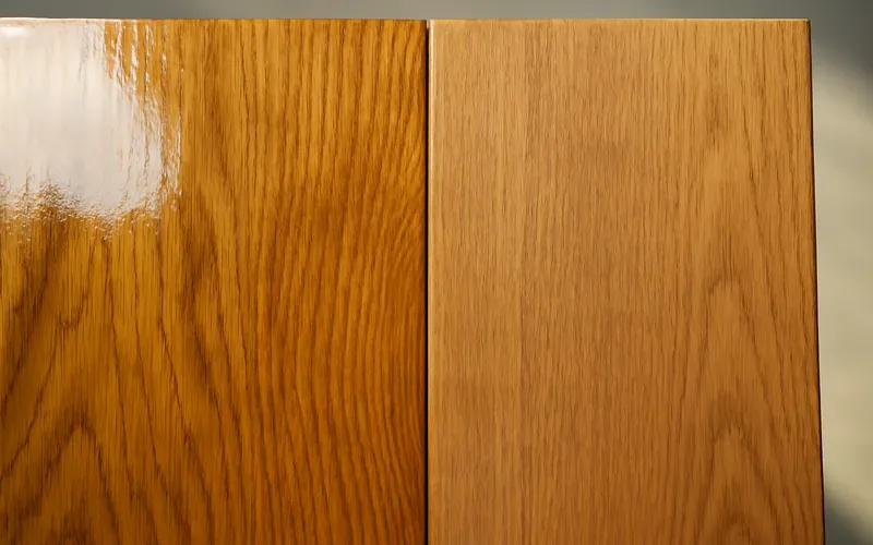 Two wood board sections showing glossy versus satin polyurethane sheen side by side