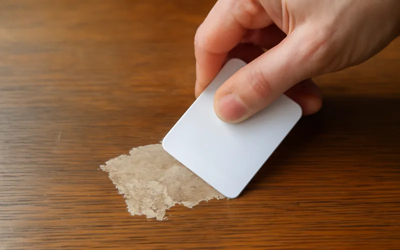 hand using a plastic scraper to lift sticker residue off a wood table