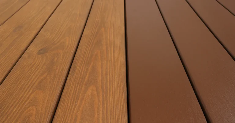 side by side comparison of semi-solid stain showing wood grain and solid stain fully opaque on deck boards