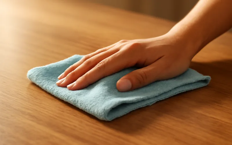 hand wiping a clean wood tabletop with a soft microfiber cloth