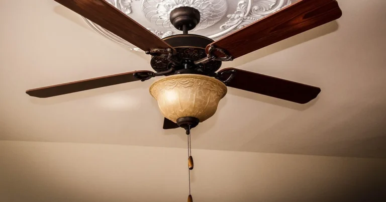 Ceiling fan pull cord and chain switch hanging from the light kit housing