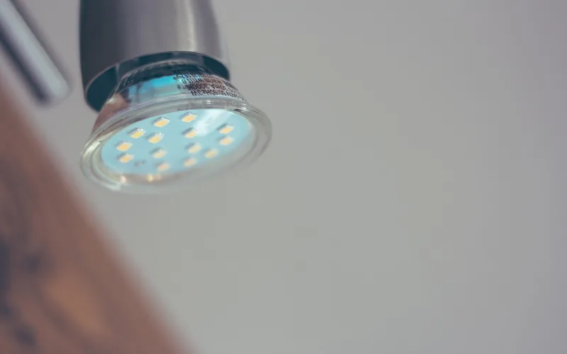close-up of an LED spotlight bulb showing the individual diode chips inside the lens