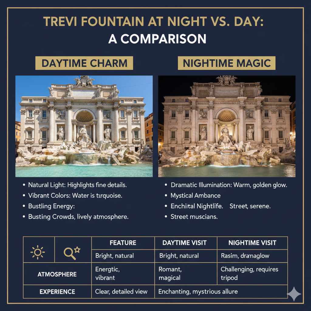 Trevi Fountain at Night vs. Day: A Comparison