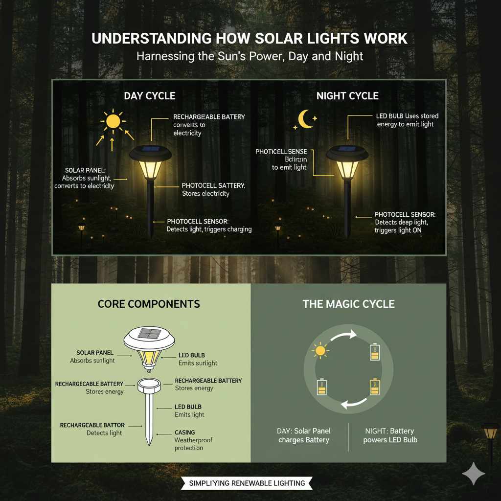 topic 1 - Understanding How Solar Lights Work
At their heart, solar lights are simple devices designed to harness the power of the sun. They consist of a few key components that work together to capture sunlight, store it, and then use it to power an LED bulb when it gets dark. Understanding these parts is the first step to figuring out if they'll be a good fit for your wooded area.
The Core Components of a Solar Light
Each solar light unit is typically made up of:
Solar Panel: This is the most crucial part for our woodland scenario. It’s usually a small, dark surface on top of the light. Its job is to absorb sunlight and convert it into electricity. The more direct sunlight it gets, the more electricity it produces.
Rechargeable Battery: The electricity generated by the solar panel is stored in a rechargeable battery, usually an AA or AAA NiMH (Nickel-Metal Hydride) or Lithium-ion type. This stored energy is what powers the light at night.
LED Bulb: This is the light source. LEDs (Light Emitting Diodes) are incredibly energy-efficient, which is why they are perfect for solar lights. They don't need a lot of power to produce a good amount of light.
Photocell Sensor: This little sensor detects when it's getting dark. Once it senses low light levels, it signals the light to turn on automatically. It also tells the solar panel to stop charging.
Casing: This protects all the internal components from the weather. Most solar lights are designed to be waterproof or water-resistant.
The magic happens in a cycle: during the day, the solar panel soaks up sunlight, charging the battery. When evening arrives, the photocell tells the battery to release its stored energy to power the LED.