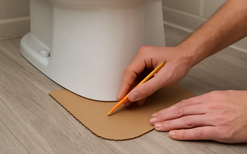hands tracing a cardboard template around a toilet base before cutting flooring hands tracing a cardboard template around a toilet base before cutting flooring