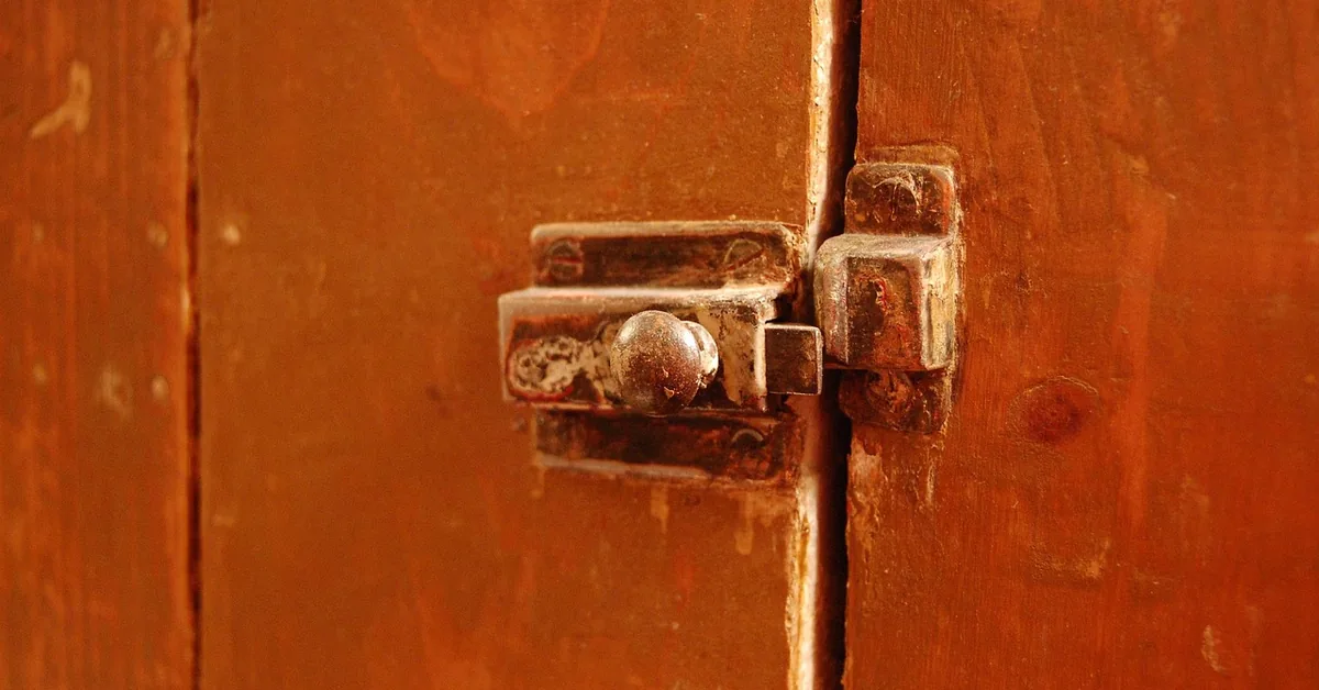 close-up of a metal barrel-style door latch mounted on a wooden door