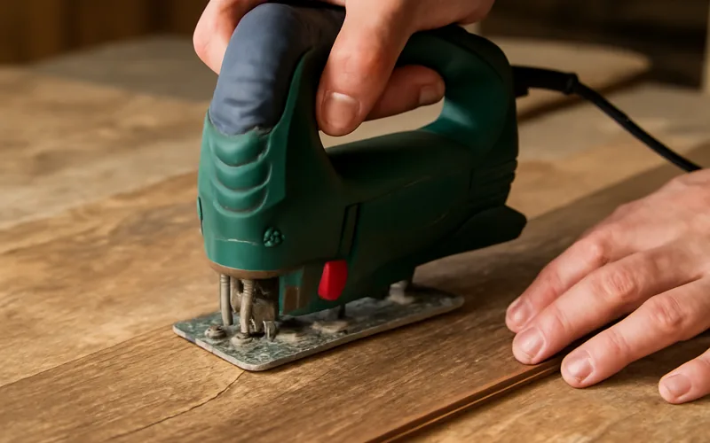 jigsaw cutting a curved line into a wood-look vinyl plank on a workbench jigsaw cutting a curved line into a wood-look vinyl plank on a workbench