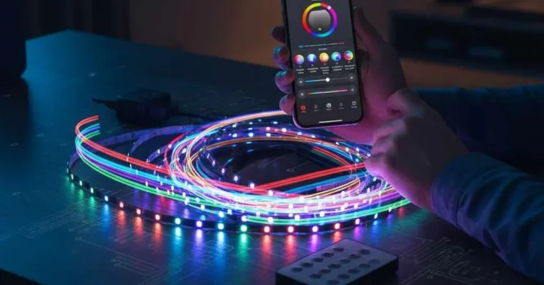 Hand holding a phone with a color-picker app while programming an RGB LED light strip