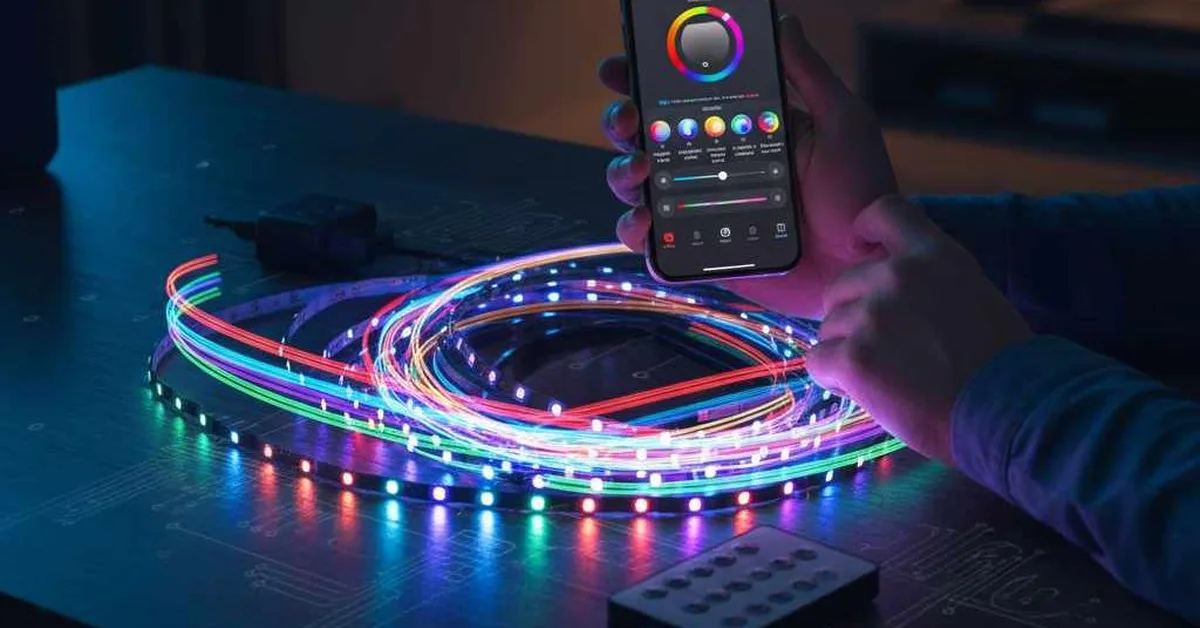 Hand holding a phone with a color-picker app while programming an RGB LED light strip