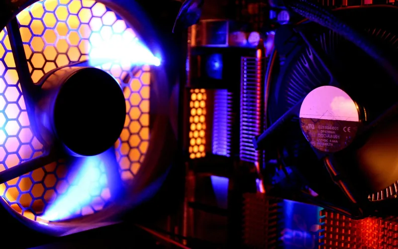 close-up of a glowing RGB case fan inside a PC being tested