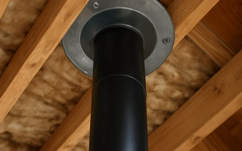 Stove Pipe Through a Cathedral Ceiling Support Box Black stove pipe passing through a round metal ceiling support box in a cathedral ceiling