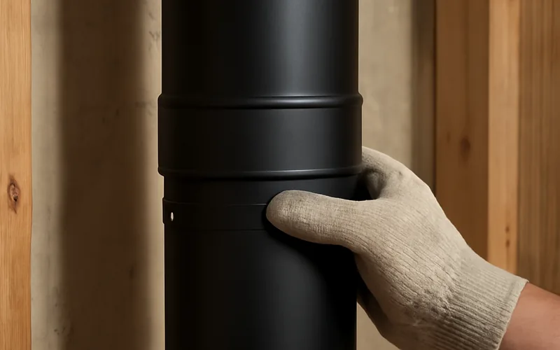 Stove Pipe Joint Near a Combustible Wood Wall Gloved hand joining two black stove pipe sections near an exposed wood stud wall