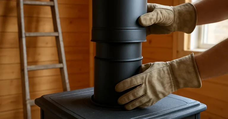 Gloved hands assembling a black double-wall wood stove pipe above a cast iron stove