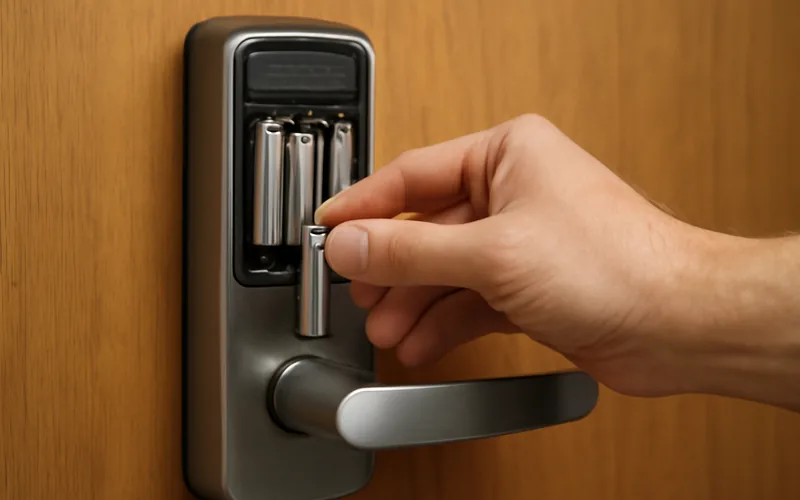 Hand replacing batteries in the interior compartment of an electronic door lock