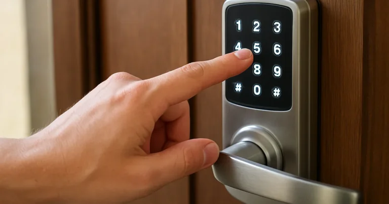 Hand entering a code on an electronic keypad door lock