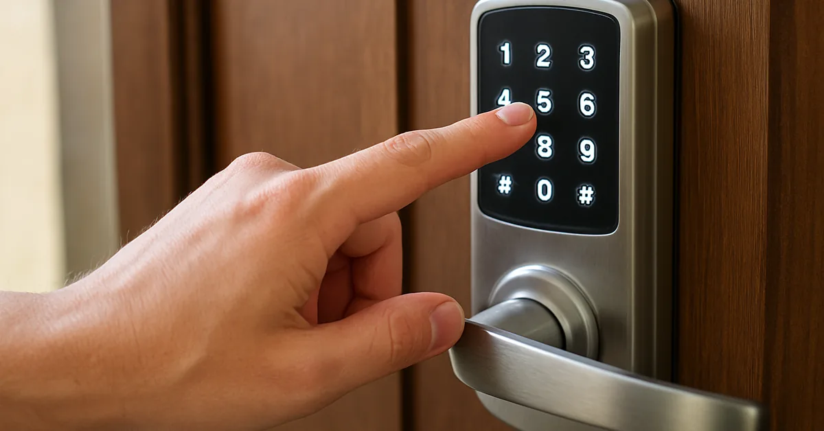 Hand entering a code on an electronic keypad door lock