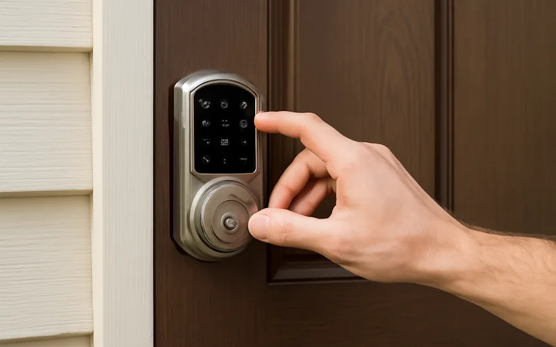 Hand reaching toward an electronic touchscreen keypad lock mounted on an entry door