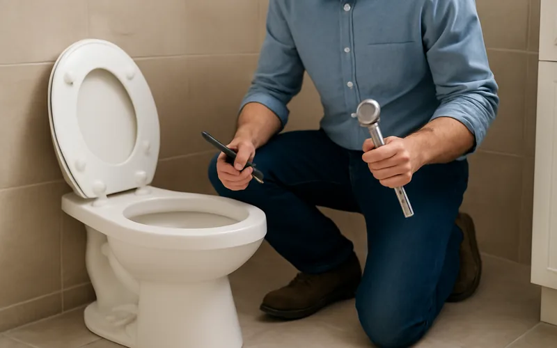 a homeowner kneeling beside a toilet holding a wrench and screwdriver with the seat removed a homeowner kneeling beside a toilet holding a wrench and screwdriver with the seat removed