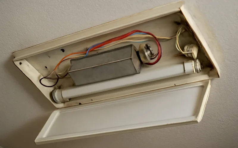 Open fluorescent fixture showing the metal ballast box and wiring inside