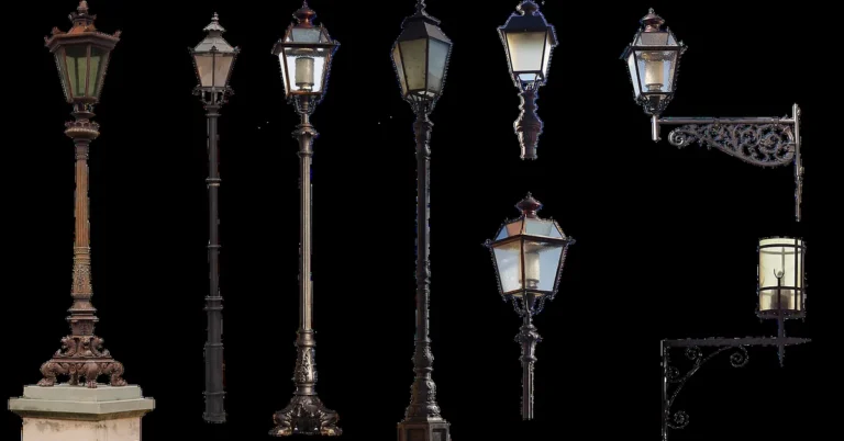 ornate vintage gas street lantern with wrought iron post against a plain background