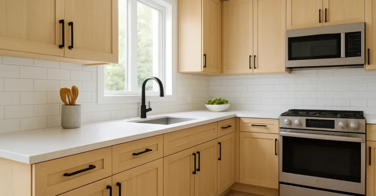 modern kitchen with light wood cabinets fitted with black bar handles near the edge of each door