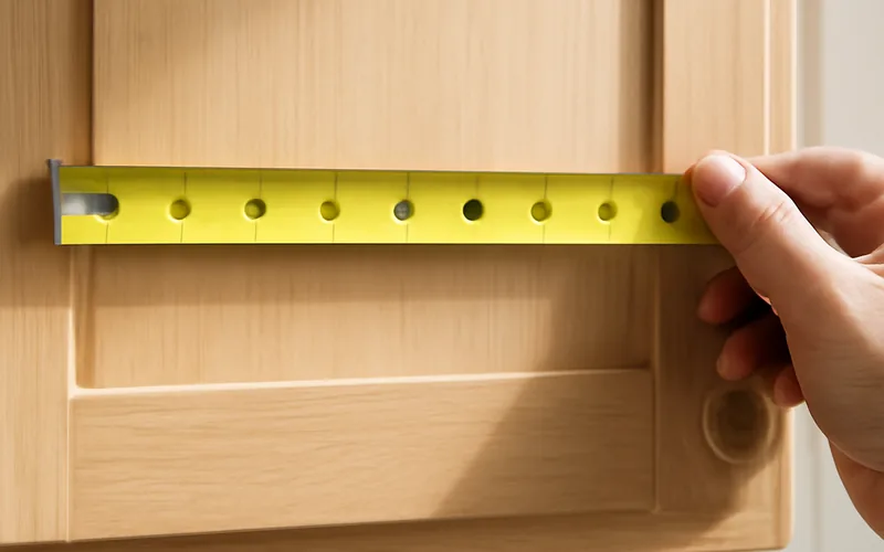 measuring tape held against a kitchen cabinet door to mark handle position