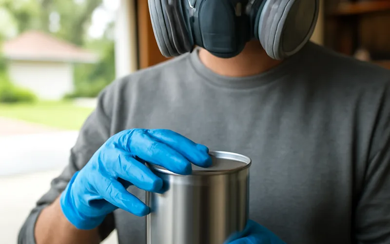 person wearing nitrile gloves and organic-vapor respirator handling a paint thinner can