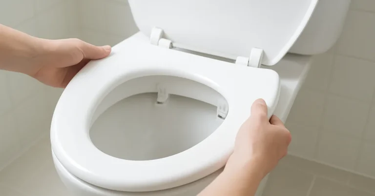 hands lifting a white toilet seat to reveal the hinge and bolt area underneath