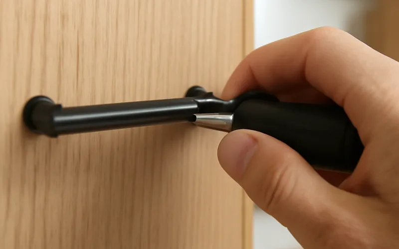 screwdriver attaching a black bar handle to a light wood cabinet door