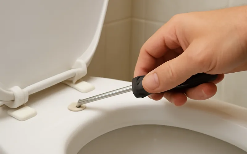a hand using a screwdriver to loosen a plastic hinge bolt cover on a toilet seat a hand using a screwdriver to loosen a plastic hinge bolt cover on a toilet seat