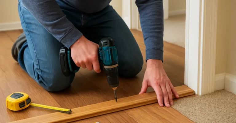 Installing a wooden threshold strip at a doorway between wood flooring and carpet