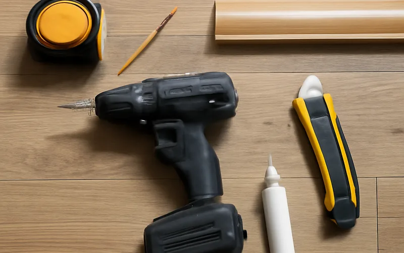 Tools and materials needed for installing a threshold strip: tape measure, drill, utility knife, and threshold board Tools and materials needed for installing a threshold strip: tape measure, drill, utility knife, and threshold board