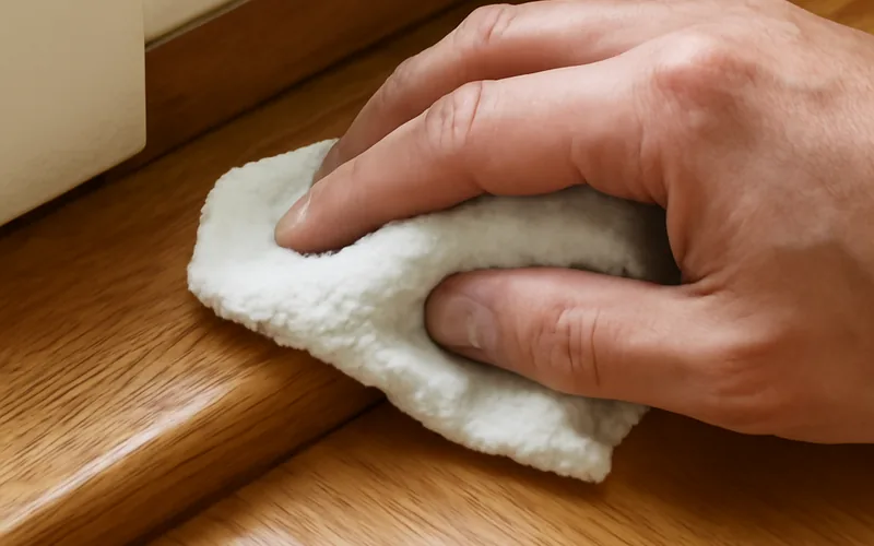 Wiping down a wooden threshold strip with a damp cloth for routine cleaning Wiping down a wooden threshold strip with a damp cloth for routine cleaning